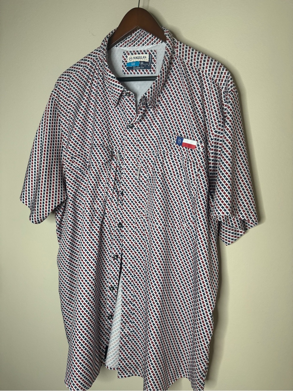 Magellan Outdoors Short Sleeve Button-Up Shirt - Texas Theme Red, White & Blue